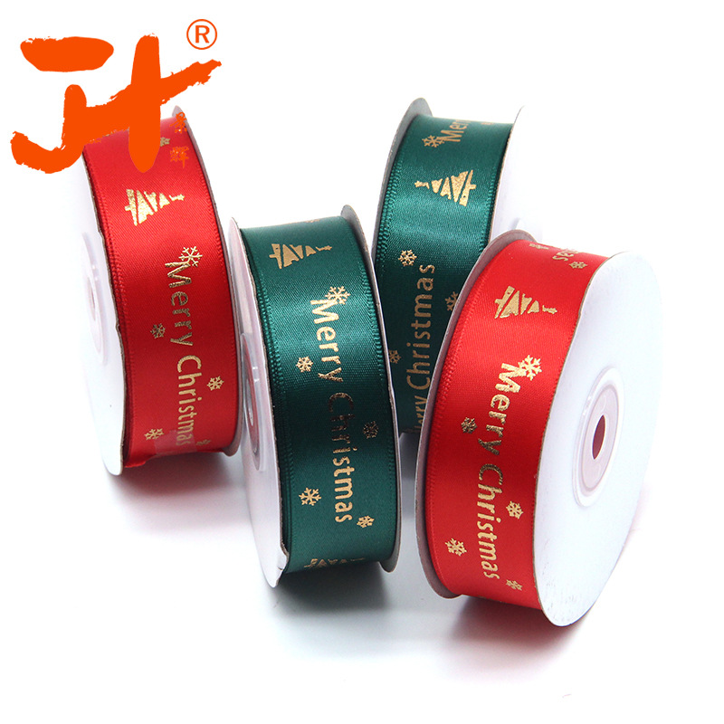 Spot Christmas Gift Ribbon 2.5cm Red Polyester Belt Bronzing Printing Merry Christmas Christmas Tree