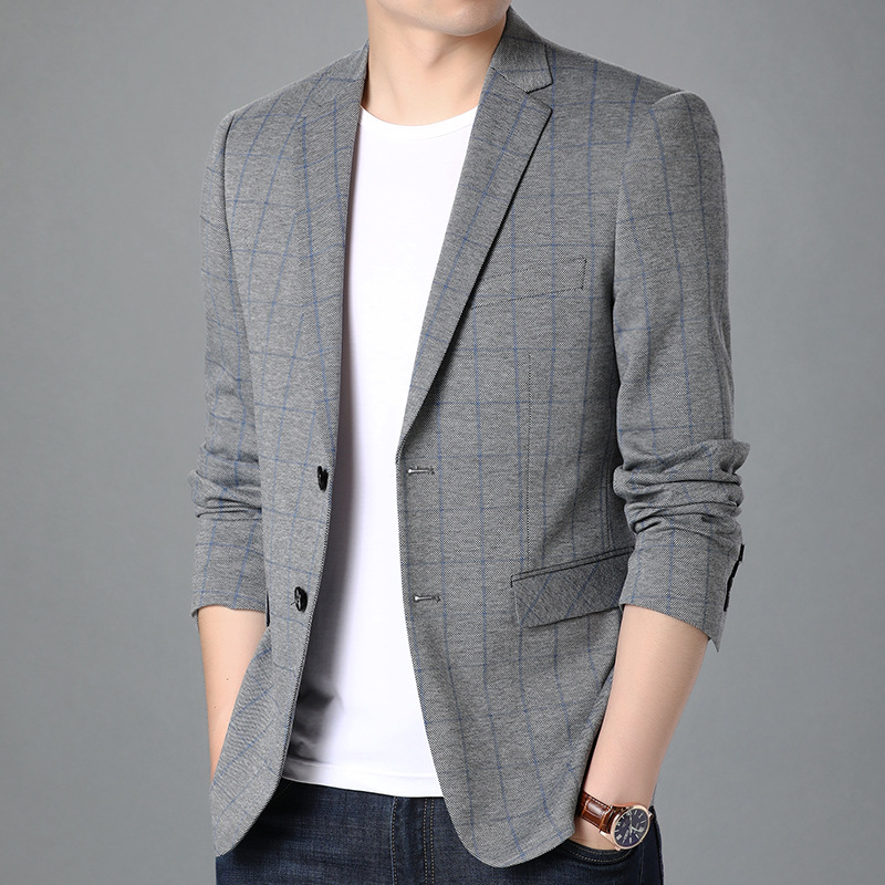 2020春秋季新款男士西装休闲西服帅气青年时尚百搭格子商务装外套