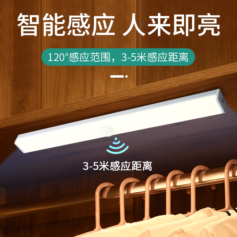 LED Infrared Sensor Lamp Smart Magnetic Self-Adhesive Small Night Lamp Long Rechargeable Wardrobe and Cabinet Light Bar Light Strip