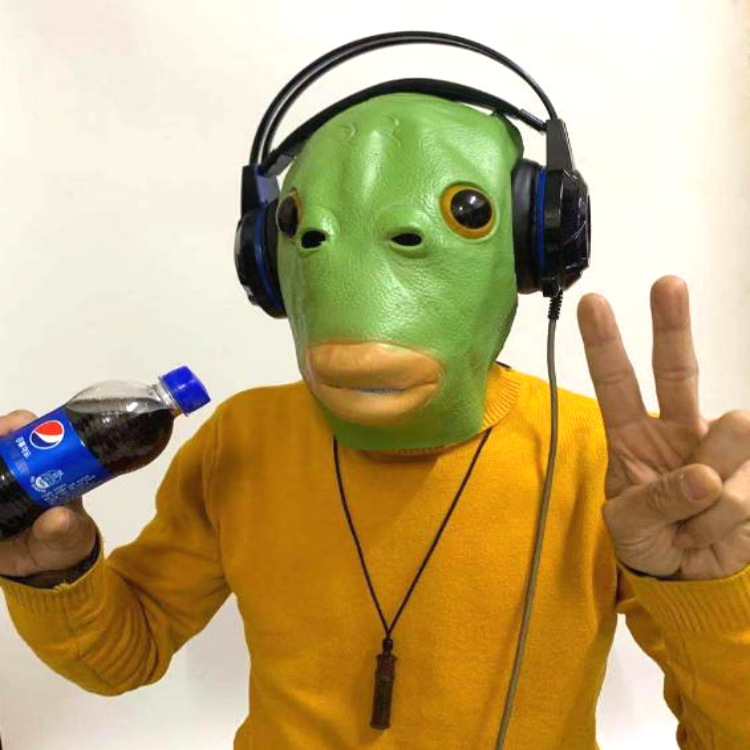 厂家批发绿鱼头美人鱼怪怪鱼面具头套 绿鱼人绿头怪动物乳胶头套