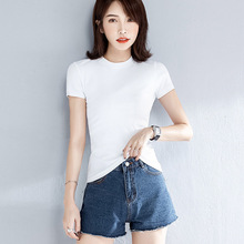 纯白色半高领短袖T恤女紧身潮2023新款夏韩版打底衫修身体桖上衣