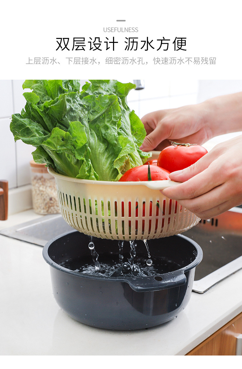 沥水篮家用厨房蔬菜蓝素色双层沥水篮洗菜篮水果篮居家多用塑料篮