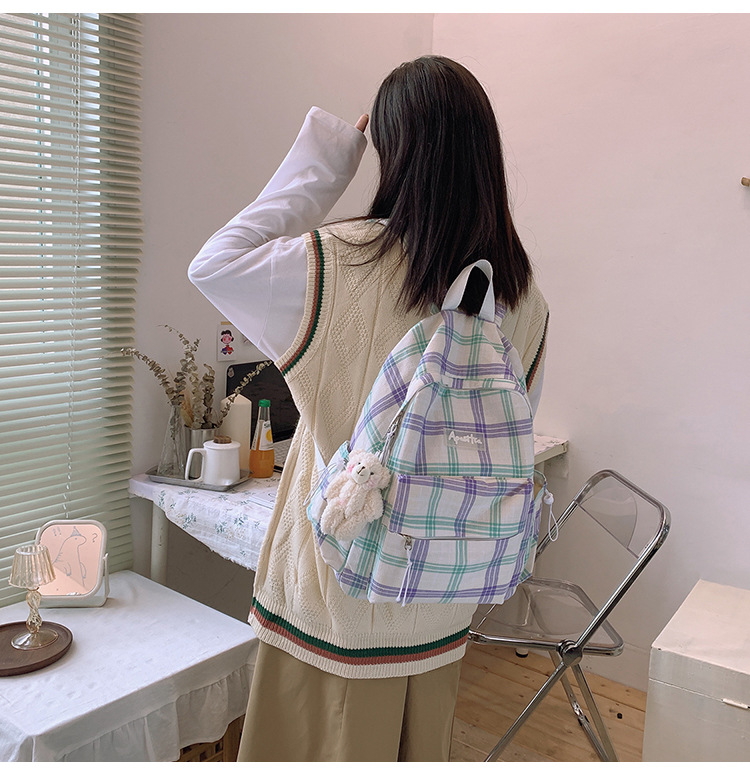 ins风书包女日系韩版森系百搭格子背包高中大学生双肩包