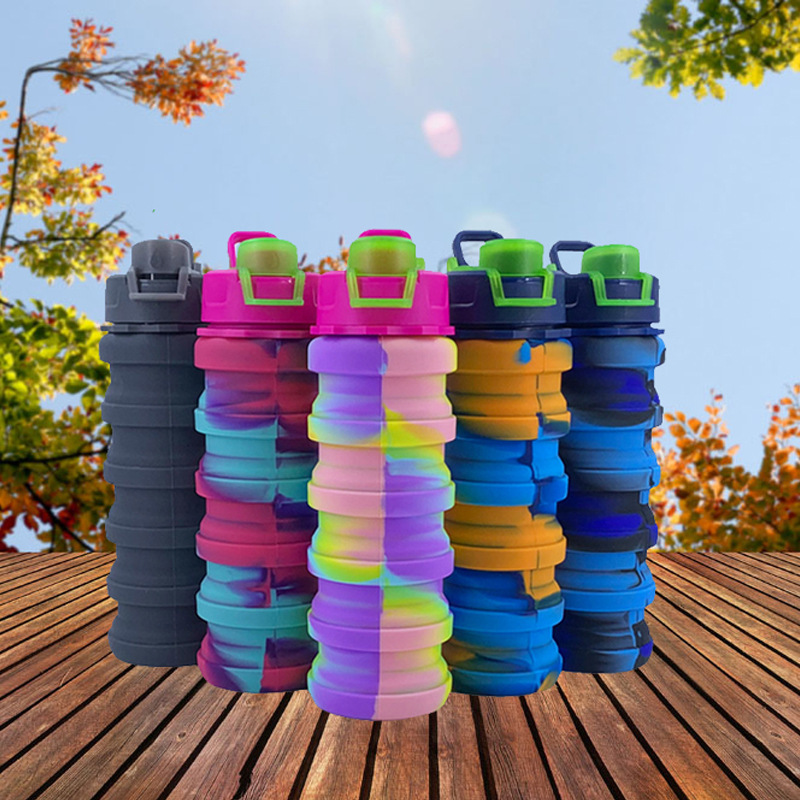 silicone camouflage foldable sports water bottle handle cover riding silicone cup for water outdoor portable folding bottle