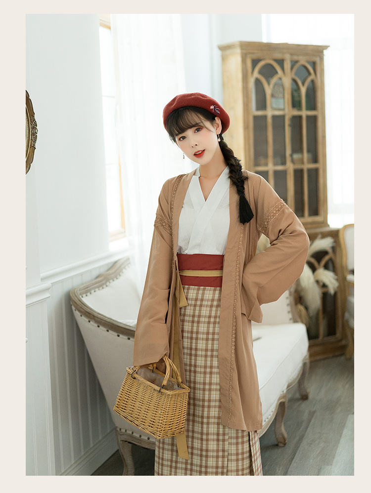 秋冬中国风日常传统宋制汉服女格子旋裙中国风古风三件套对襟套装