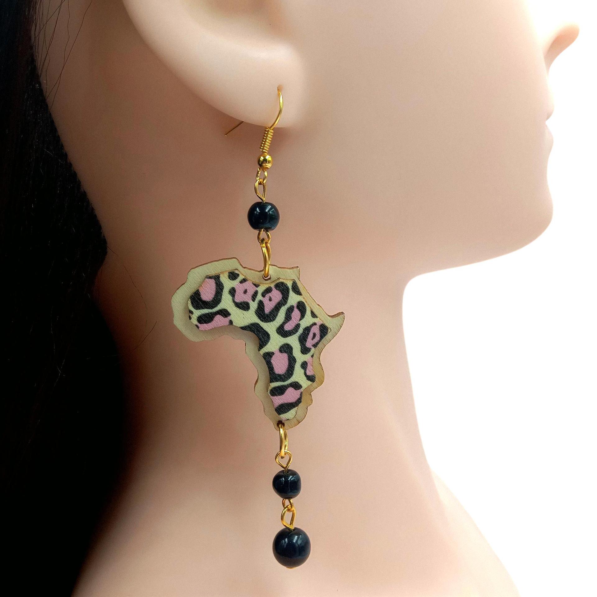 创意新款流行热买印花地图耳饰 厂家直销 非洲夸张耳环木质