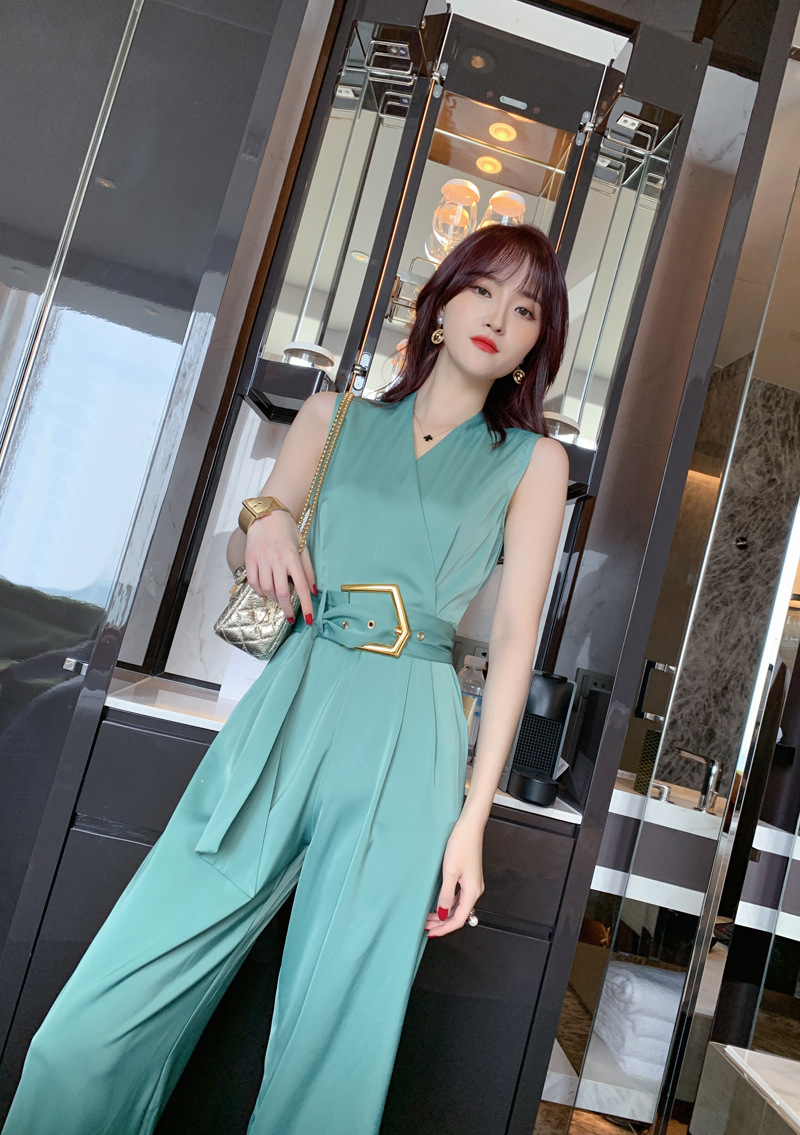 裤子女2020夏装新款气质v字领高腰修身连体裤阔腿连衣裤长裤3938