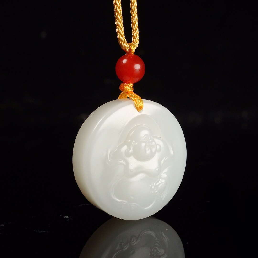 批发和田玉白玉佛公牌子挂件 玉牌浮雕弥勒圆佛吊坠玉坠子 带证书