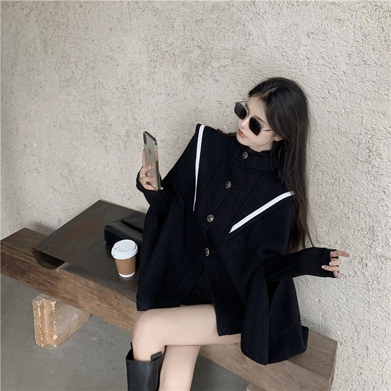 实拍时尚秋冬黑色斗篷披肩女韩版英伦风小个子毛呢外套