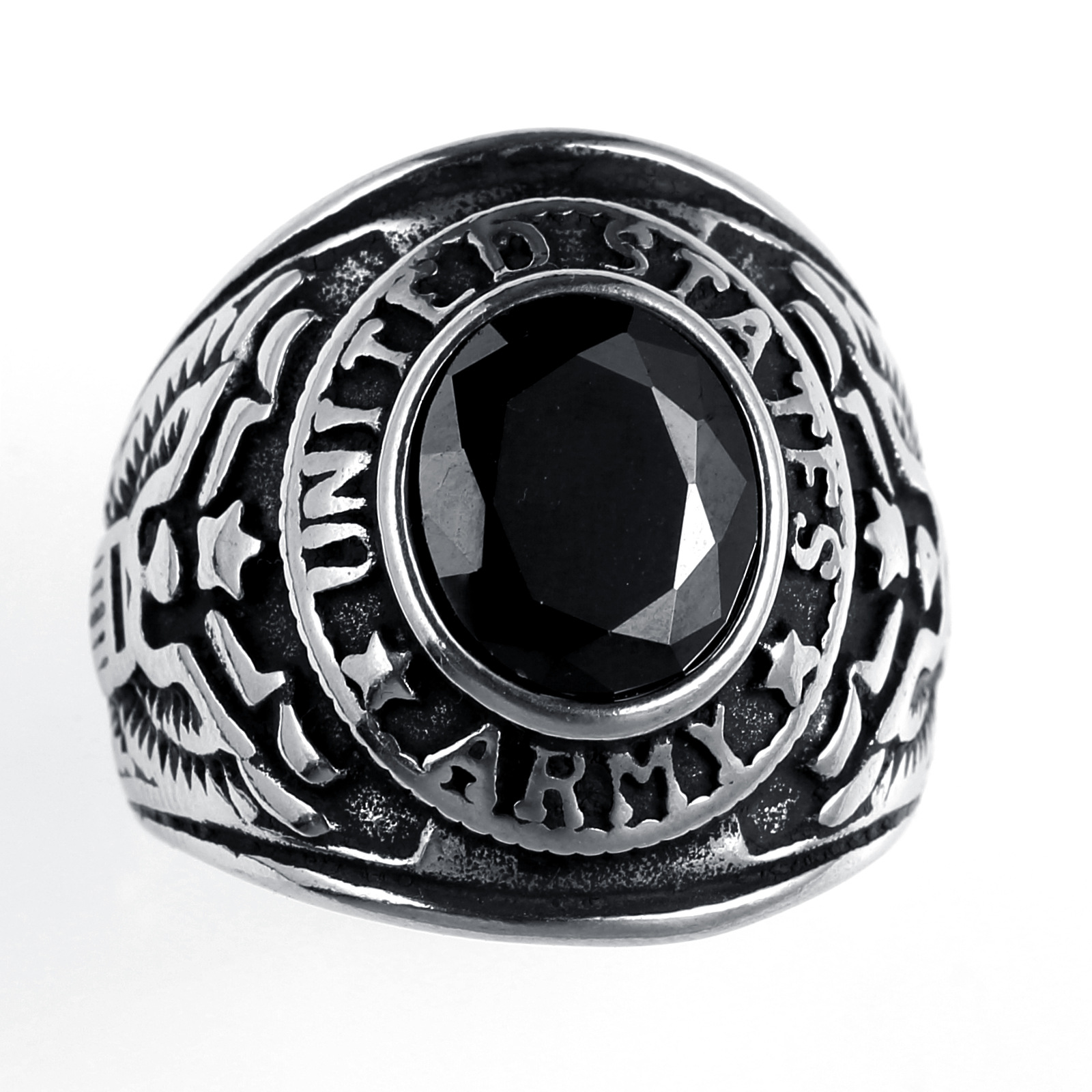 united欧美男士钛钢美国大兵指环 复古老鹰镶钻红蓝绿黑宝石戒指