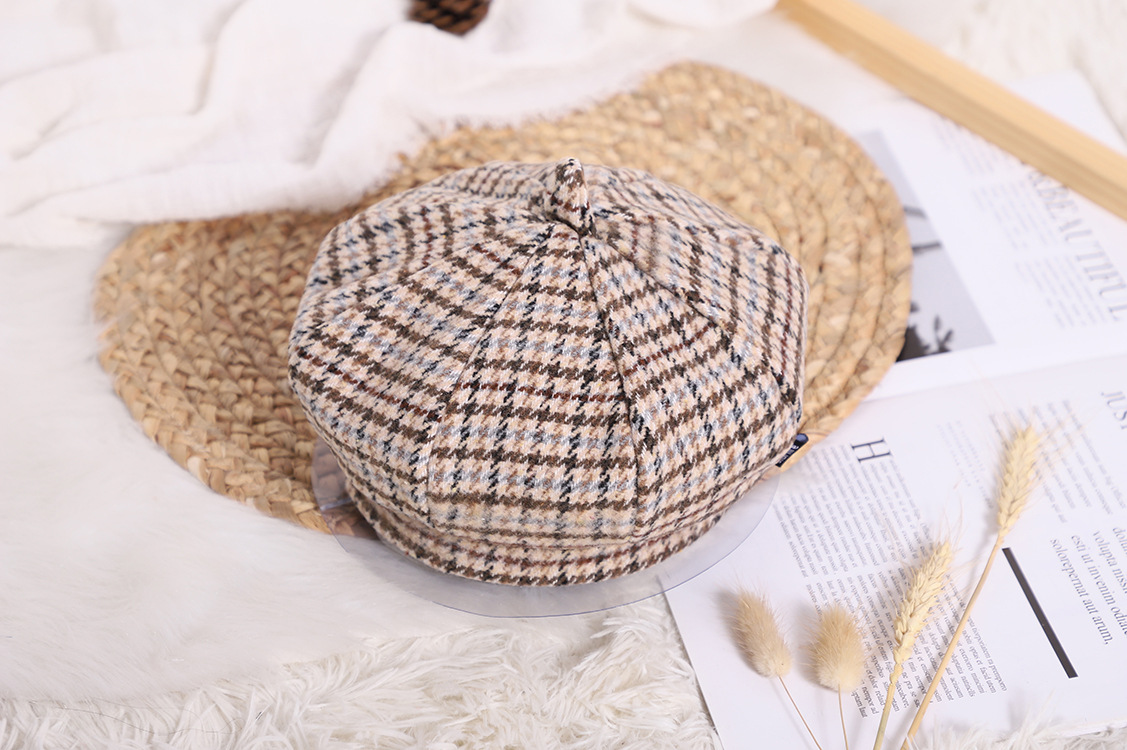 清新简约复古文艺书童帽儿童 格纹毛线羊绒女童帽子保暖