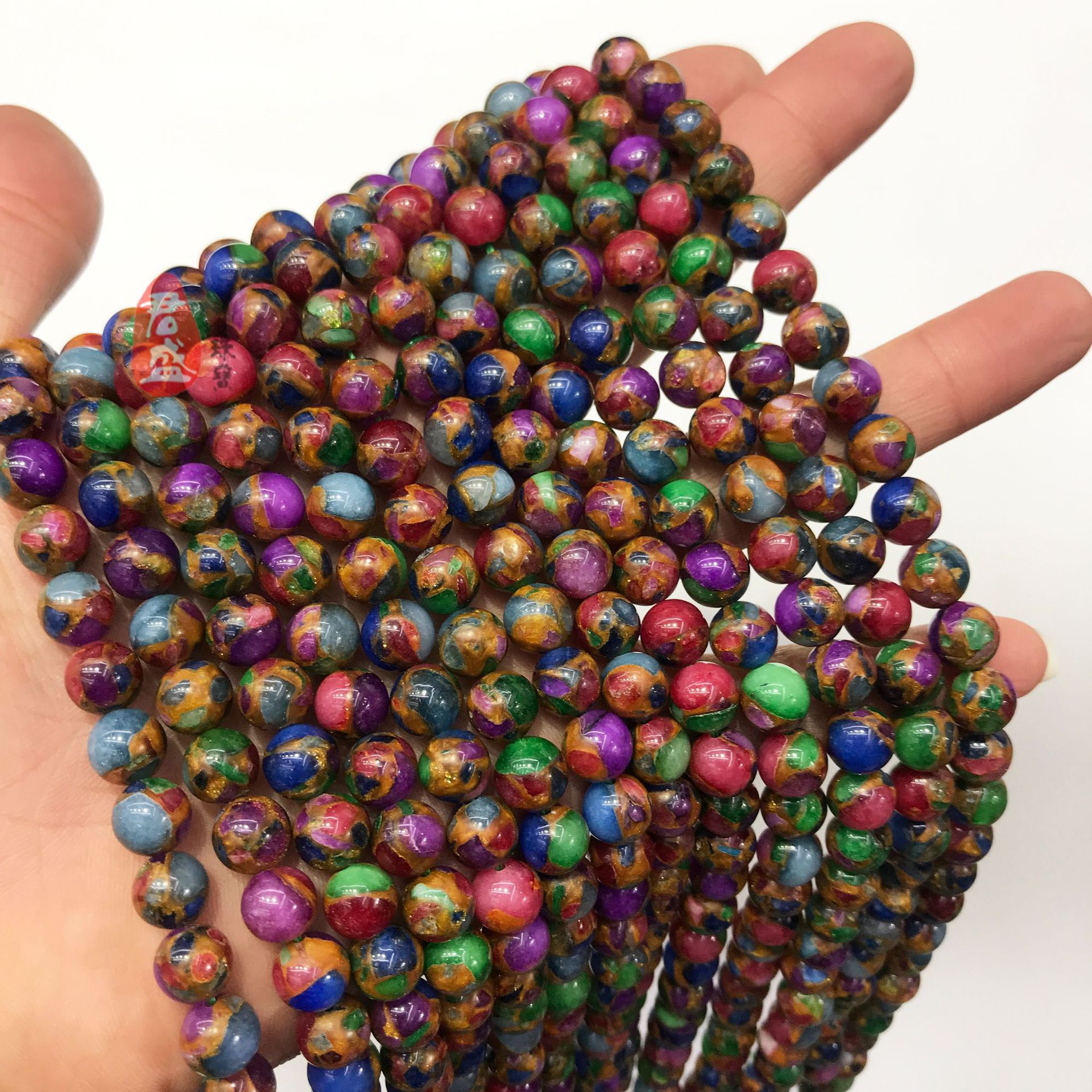 厂家直销五彩琉璃石合成金彩石散珠圆珠手链diy跨境爆款配饰批发