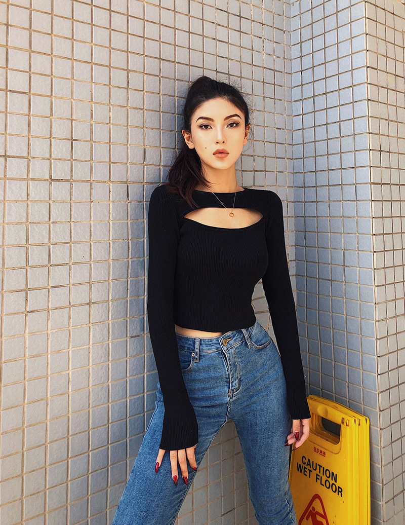 欧美复古胸前开口修身显瘦高腰短款圆领长袖弹力针织衫打底衫毛衣