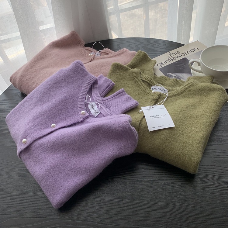 【浅樱紫】露似珍珠扣秋打底加厚针织开衫女短款圆领内搭毛衣外套