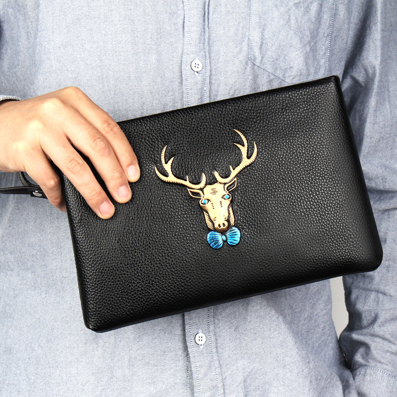 厂家批发头层牛皮彩绘鹿头手拿包男士手包真皮大尺寸