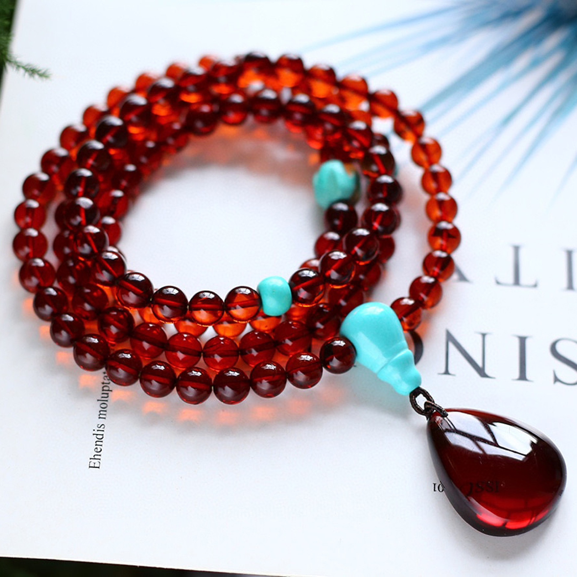 8mm108粒佛珠手链项链两用款点缀血珀水滴吊坠手串