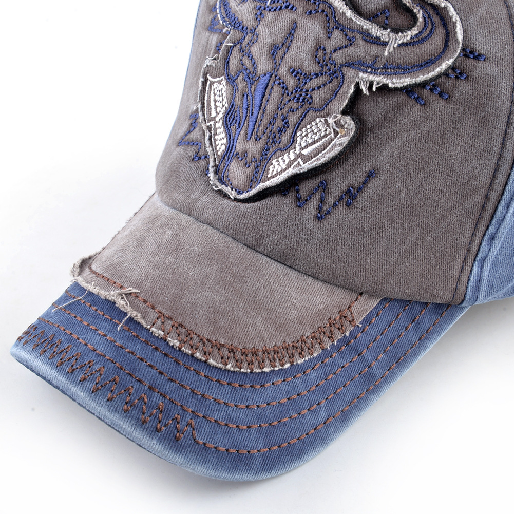 跨境爆款做旧牛头棒球帽水洗牛仔布帽子磨边遮阳帽男女新款棒球帽
