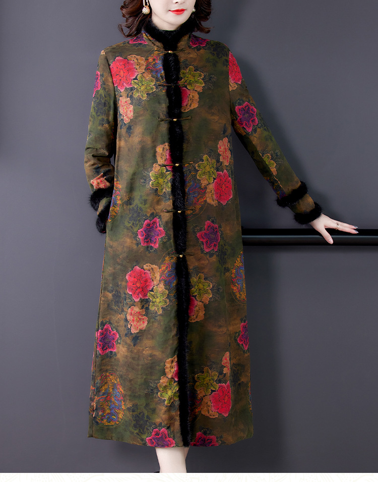 2020印花香云纱长款棉衣女冬长过膝新款夹棉棉袄妈妈高端棉服外套