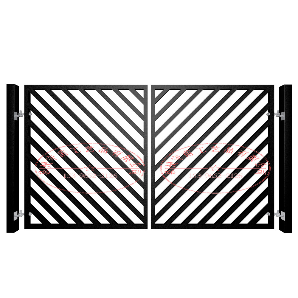 别墅双开铁艺大门 黑色平顶铁门 栅栏倾斜45度角