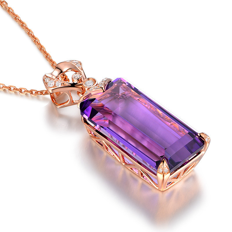 跨境热卖长方形紫水晶吊坠女欧美新款镀玫瑰金满钻彩宝条形项链女