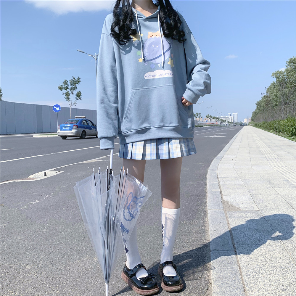 2022春季新款日系古着ins风格穿搭卡通连帽jk卫衣女宽松秋冬学生