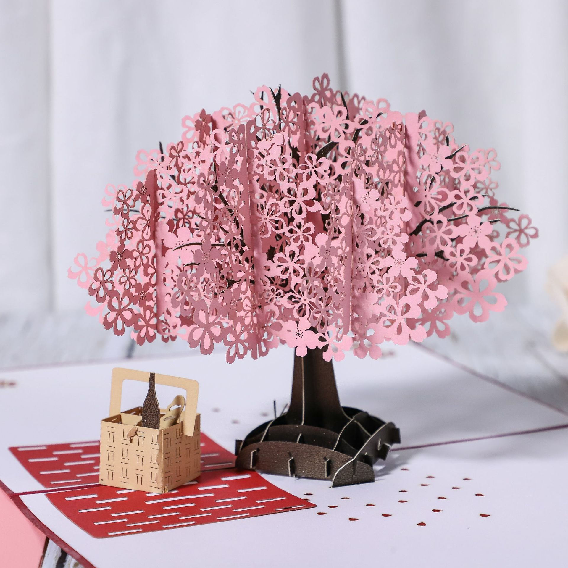 3d立体樱花树篮子 立体贺卡 浪漫樱花 婚礼祝福卡 教师节