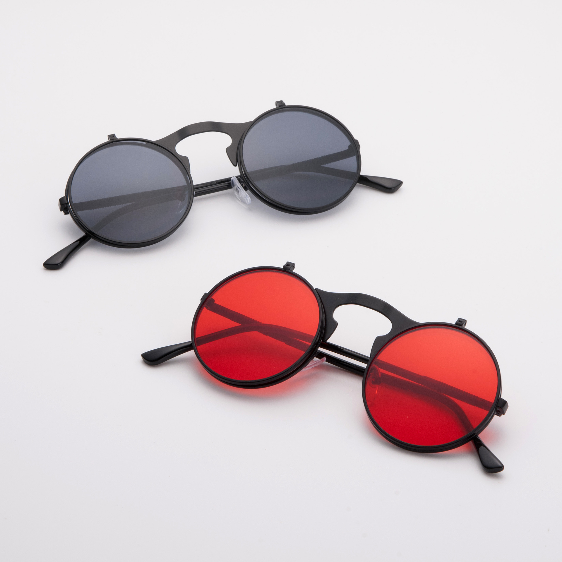 新款小圆框墨镜朋克复古双层翻盖墨镜男网红同款金属太阳镜女小脸