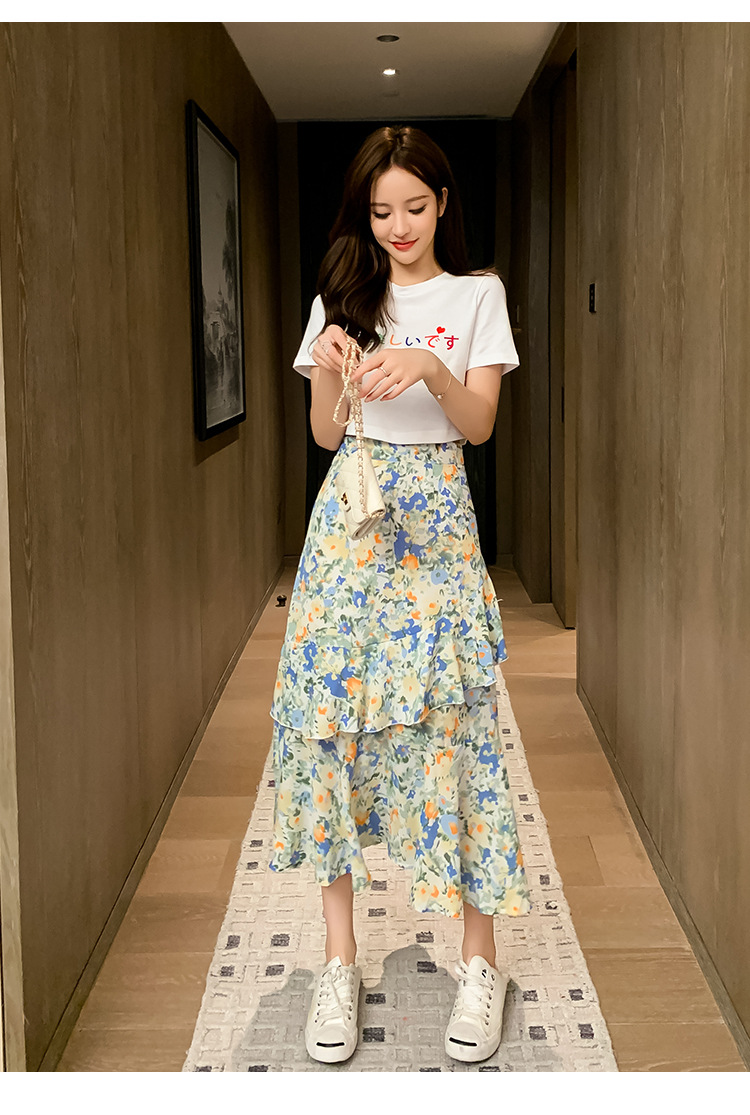 半身裙套装2020短袖t恤女不规则荷叶边碎花裙ins两件套时尚洋气