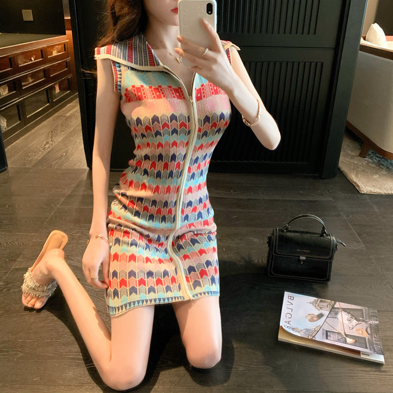 小香风连衣裙女泫雅风无袖背心针织裙子翻领拉链短裙-阿里巴巴