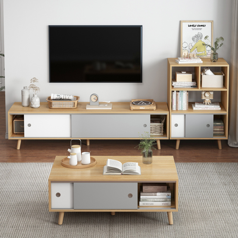 北欧移门电视柜现代简约茶几电视柜边柜组合客厅实木腿多功能墙柜-阿