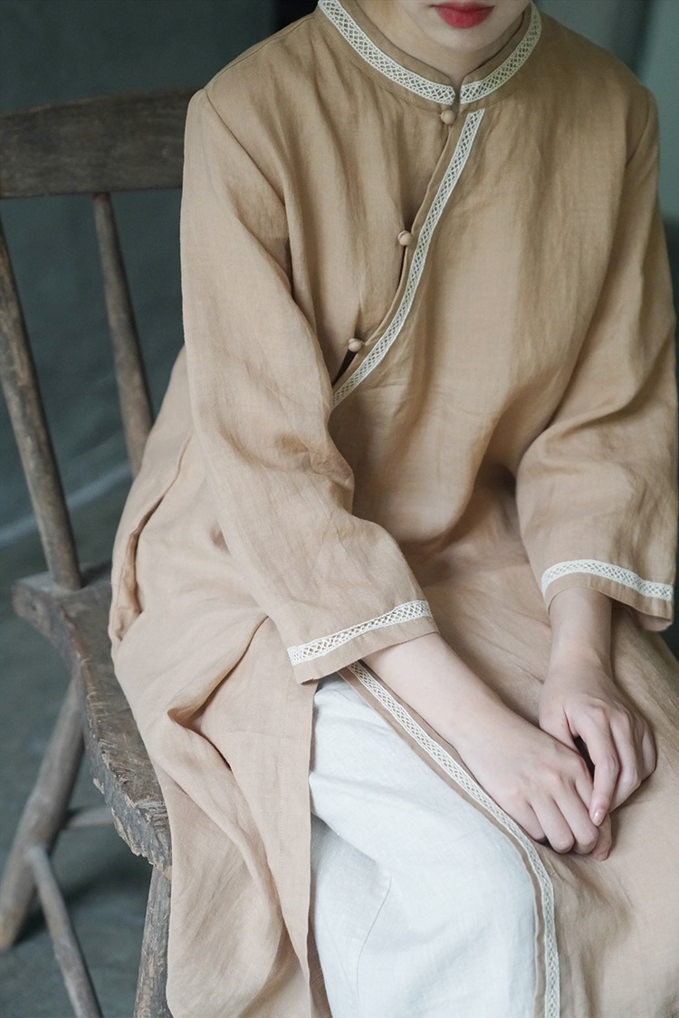 原创设计国风花边斜襟苎麻连身裙 复古新中式宽松旗袍汉服s2252