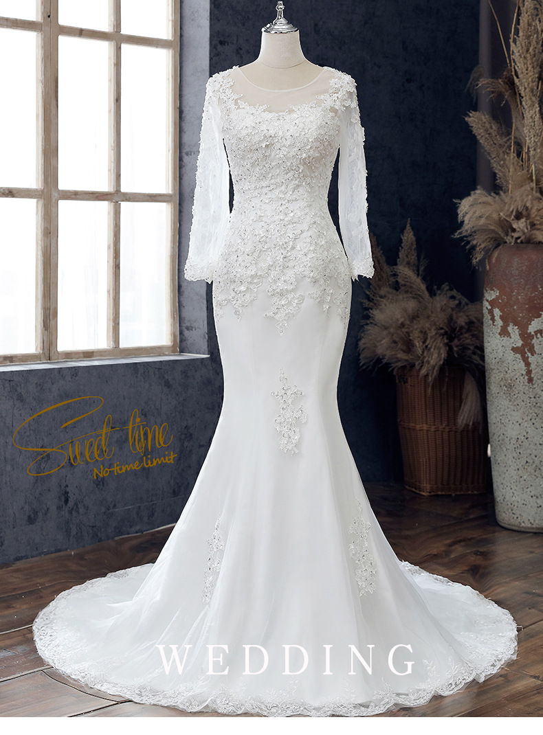 法式婚纱2022新款新娘圆领修身鱼尾礼服小拖尾简约森系结婚婚纱女