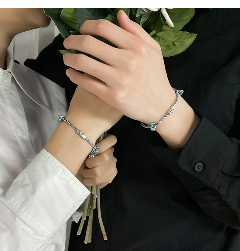 山盟海誓情侣手链女s925纯银一对女男编织手绳手饰简约时尚银饰品