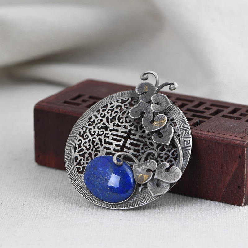 金鹿王 s925银创意设计单品喜字镶青金石富贵吉祥银饰女吊坠胸针