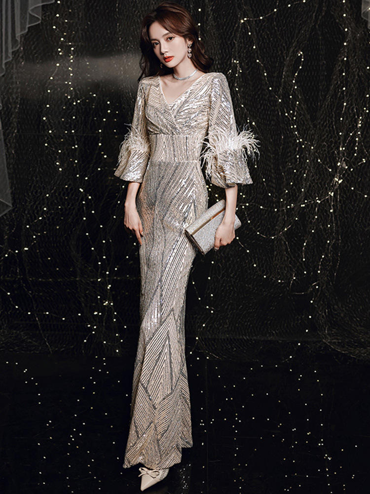金色晚礼服女2021新款质感年会优雅宴会重工气质名媛鱼尾显瘦礼服