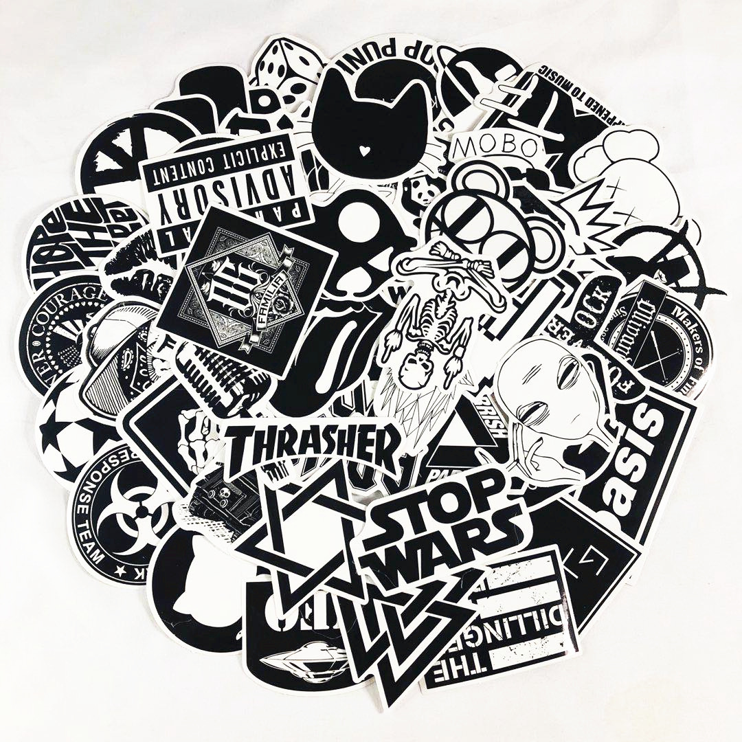 60张/套 黑白潮流乐队笔记本电脑行李箱手机吉他滑板电动车贴纸