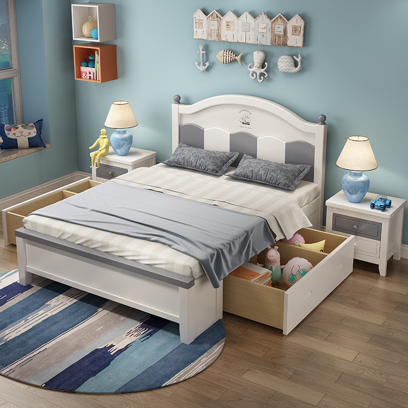 美式实木儿童床小孩房1.5/1.35/1.2米彩色床高箱床女孩粉色公主床