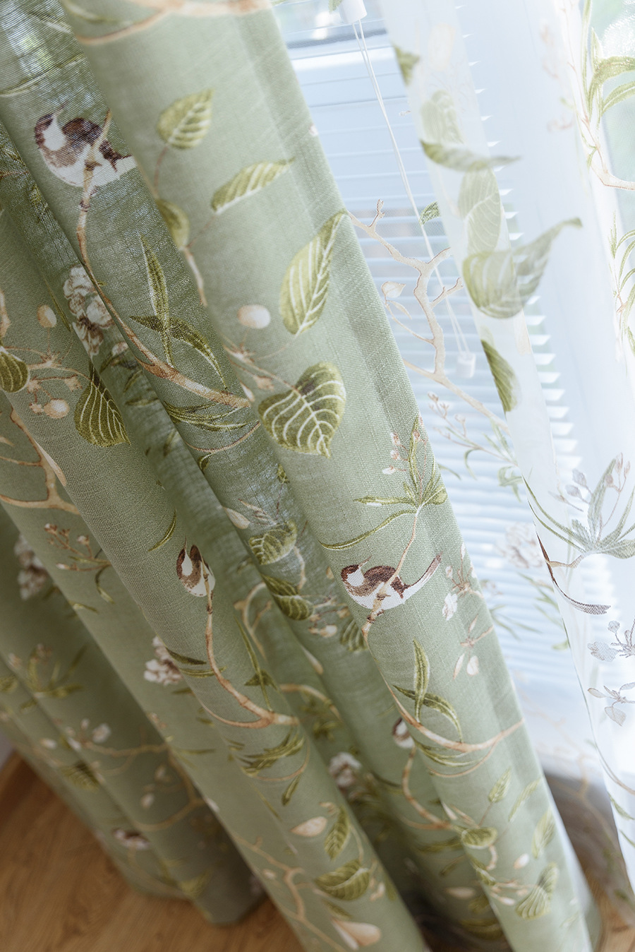 北欧棉麻数码印花窗帘成品定制简约叶子美式田园乡村批发绿色鸟