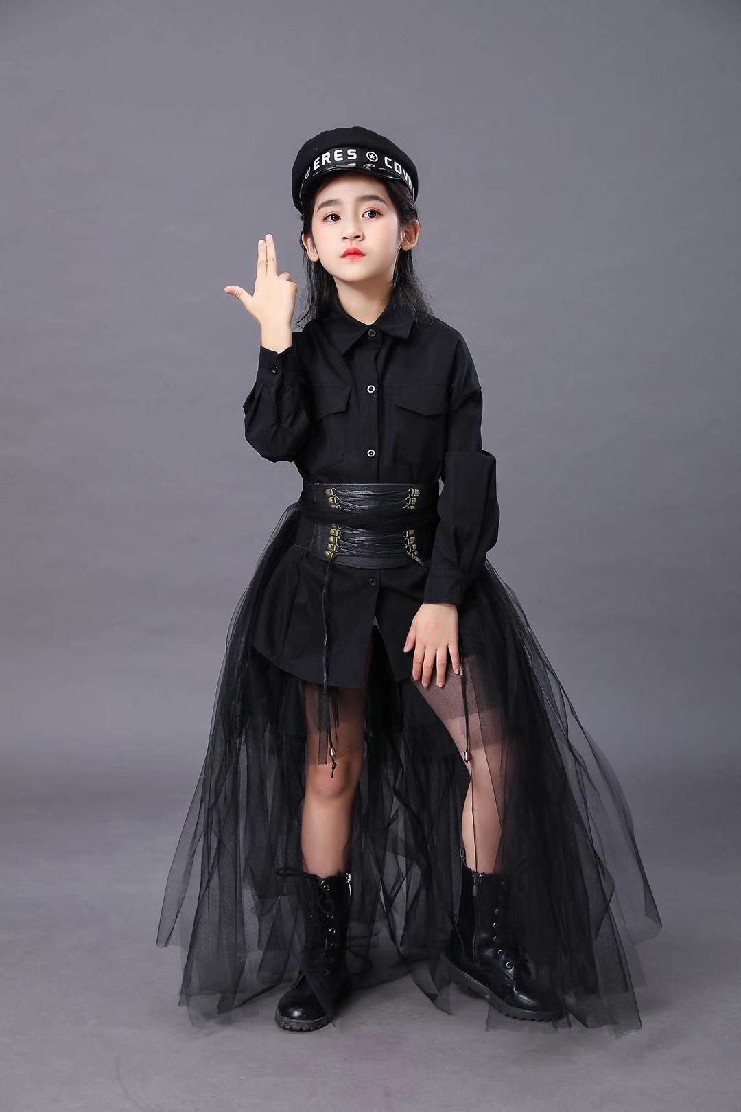 儿童黑色套装女童模特比赛t台时尚走秀服装礼服六一演出西服潮夏