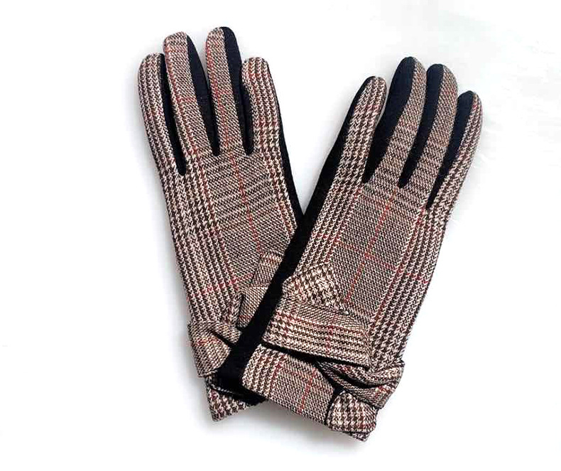 外贸手套女秋冬保暖加绒冬季骑行开车触屏加厚针织布格子手套_华威