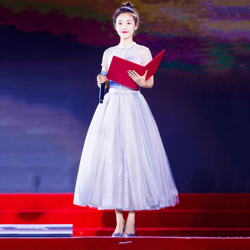 主持人礼服女2021新款学生韩版中长款朗诵派对演出演讲比赛