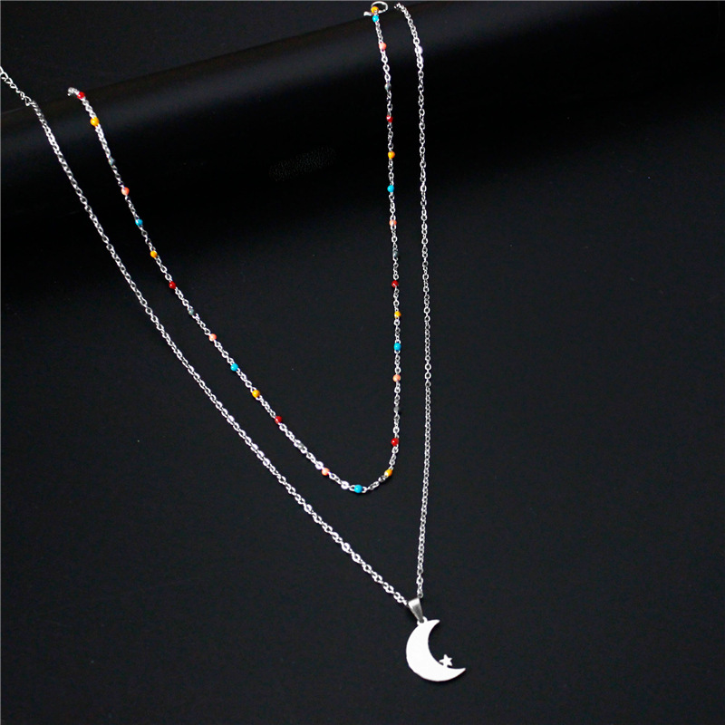 Japanese and Korean-Style Simple Titanium Steel Moon Necklace Women's Stainless Steel Oil Dripping Double-Layer Chain Star Moon Clavicle Chain Birthday Gift Wholesale