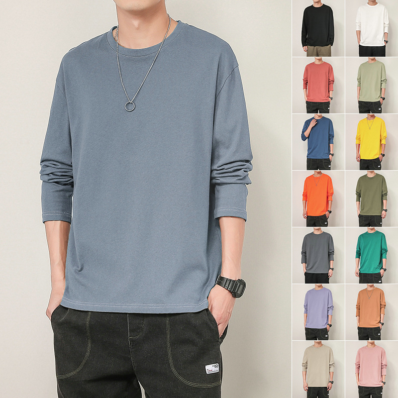 Long Sleeve T-shirt Men's 2023 Spring New Solid Color Base Shirt Cotton Multi-Color Men's round Neck Loose plus Size T-shirt