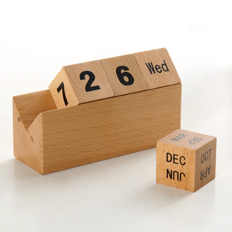 木质万年历榉木diy方块台历可手动调节日期桌面简约时尚摆件