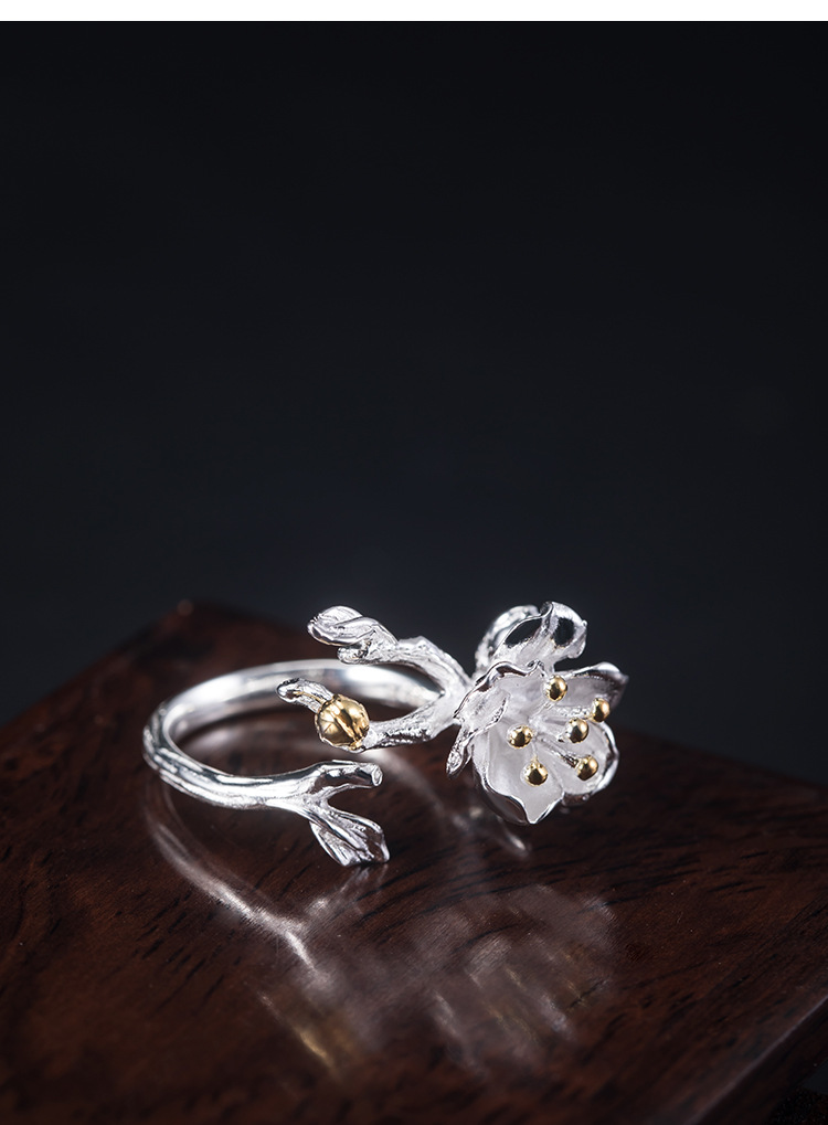 素十八s925银中国风戒指2020年新款时尚个性简约气质海棠花开口戒