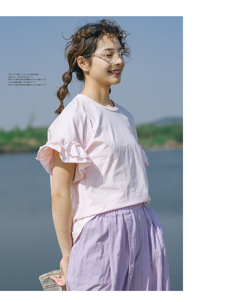 工厂一手资源 2020年夏季新品短袖女圆领纯色百搭宽松花苞袖上衣