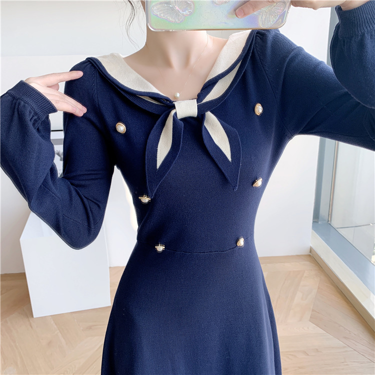 1862# 秋季海军风水手服收腰显瘦减龄复古学院风过膝针织连衣裙女