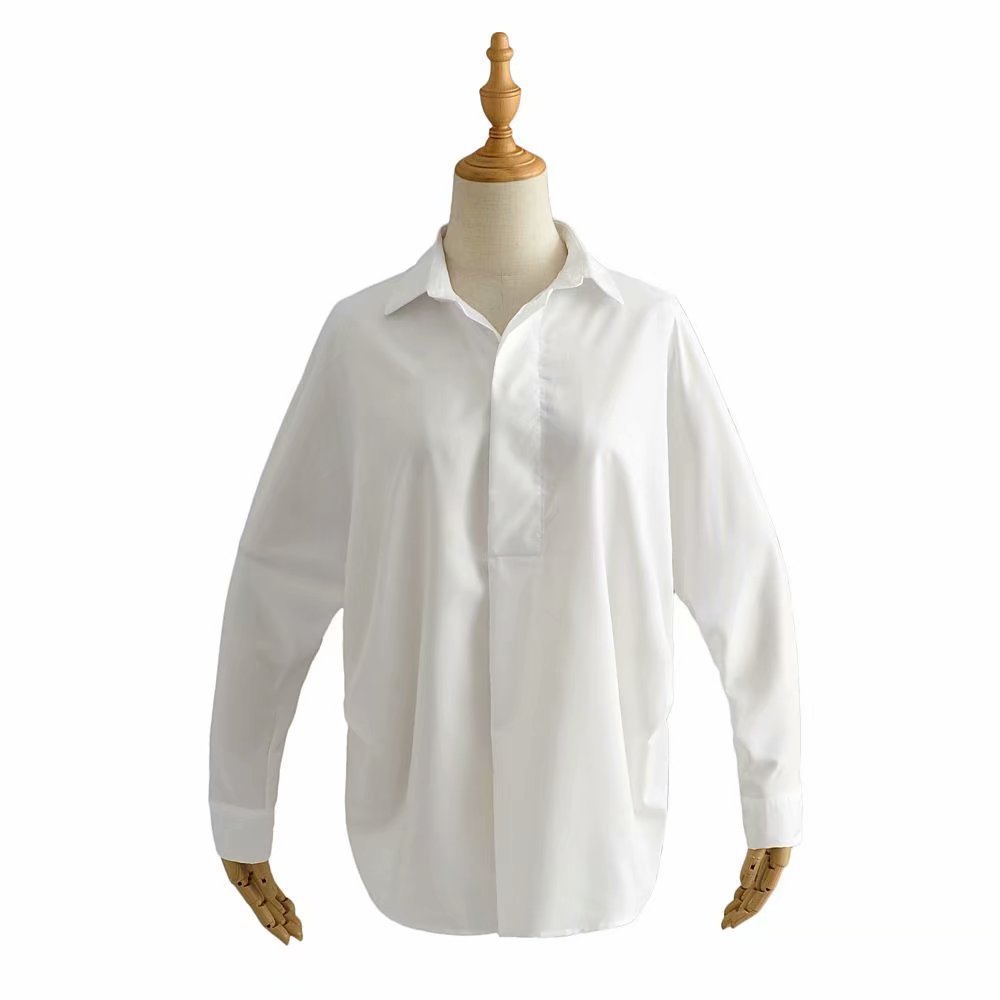 春秋季新款时尚百搭宽松气质长袖翻领衬衫上衣女圆下摆衬衣可单穿