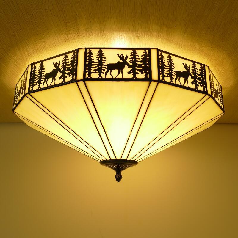 东南亚铜鹿灯乡村铁艺彩色玻璃吸顶灯 客厅餐厅卧室创意吸顶式