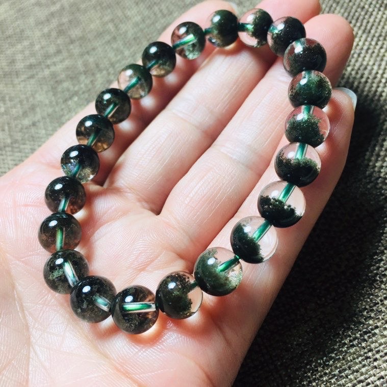 水晶巴西绿幽灵聚宝盆手链颜色翠绿晶体干净微红皮
